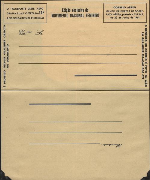 2083.jpg -     Lote:    2083                   Descrição:         Colónias Portuguesas &mdash; Álbum com 90 aerogramas novos do Movimento Nacional Feminino, com poucas repetições. Lote a ver.         Lote       Valor Base:     &euro; 40,00     Valor Venda:     &euro;      
