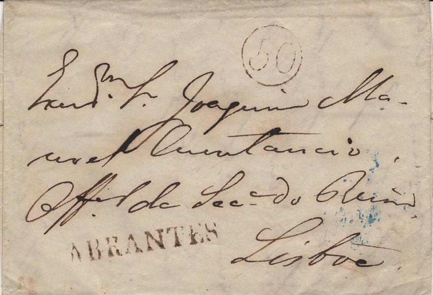 2113.jpg -     Lote:    2113      Lotes pelo Correio             Descrição:         Abrantes &mdash; A sépia, LF ABT2 em carta datada de Abrantes (27.10.51) para Lisboa, com o porte de 50 reis batido a sépia. Cor não catalogada nesta data, a mais antiga conhecida pelo catálogo de LF refere-se a 1846.         Carta       Valor Base:     &euro; 20,00     Valor Venda:     &euro;      