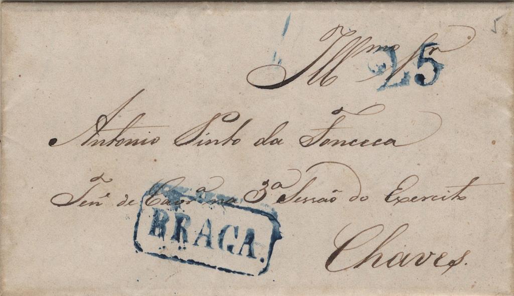 2117.jpg -     Lote:    2117      Lotes pelo Correio             Descrição:         Braga &mdash; A azul, LF BRG5 em carta remetida de Braga (11.08.42) para Chaves, com o porte de 25 reis batido a azul.         Carta       Valor Base:     &euro; 12,00     Valor Venda:     &euro;      