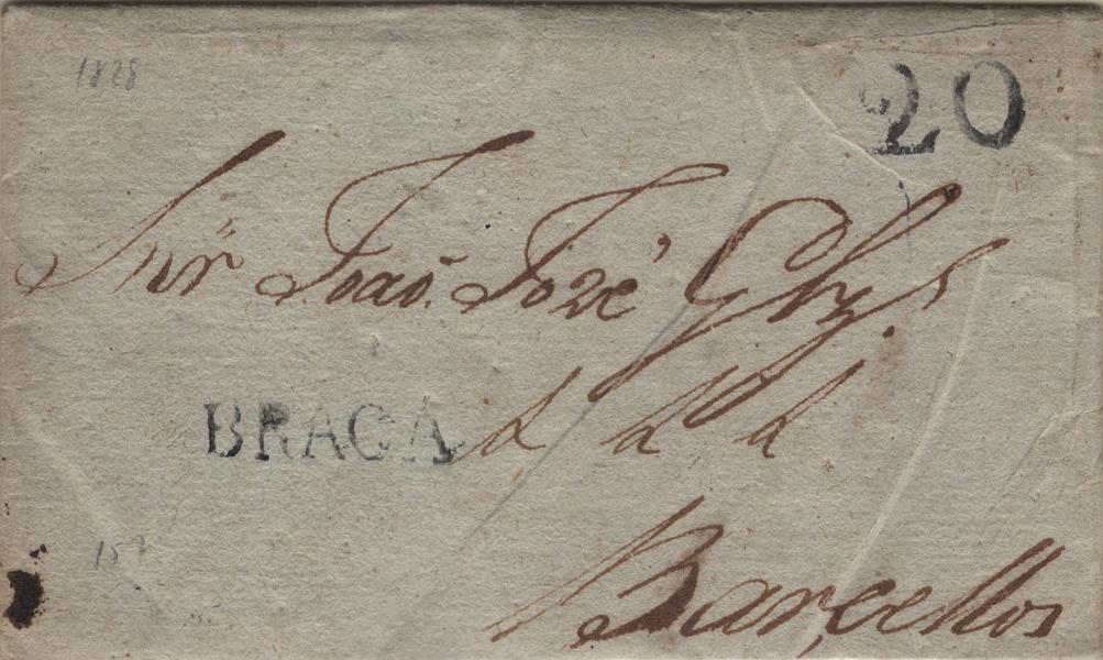 2118.jpg -     Lote:    2118      Lotes pelo Correio             Descrição:         Braga &mdash; A sépia, LF BRG3 em carta remetida de Braga (07.04.28) para Barcelos com o porte de 20 reis batido a preto.         Carta       Valor Base:     &euro; 10,00     Valor Venda:     &euro;      