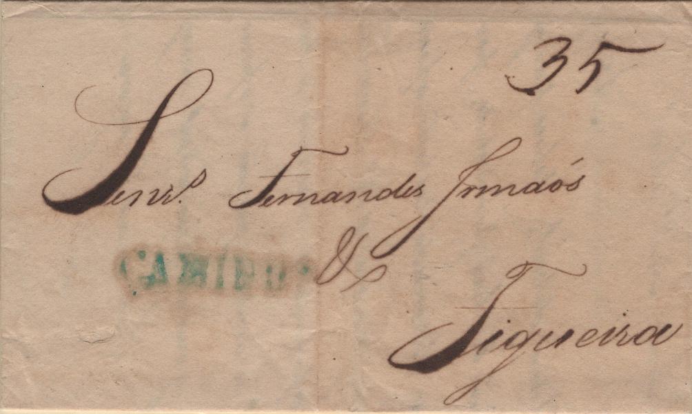 2120.jpg -     Lote:    2120      Lotes pelo Correio             Descrição:         Caminha &mdash; A verde, LF CMN1 em carta datada de Seixas (05.12.41) para a Figueira da Foz com o porte de 35 reis manuscrito a sépia.         Carta       Valor Base:     &euro; 10,00     Valor Venda:     &euro;      
