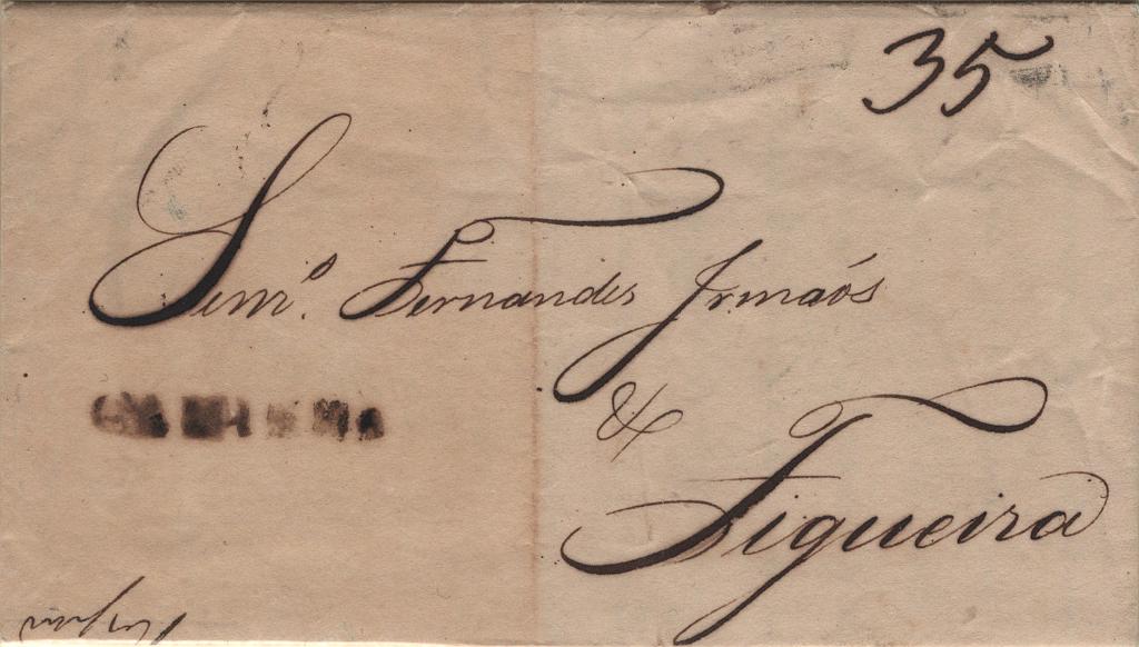 2121.jpg -     Lote:    2121      Lotes pelo Correio             Descrição:         Caminha &mdash; A sépia, LF CMN1 em carta datada de Seixas (04.08.41) para a Figueira da Foz com o porte de 35 reis manuscrito a sépia.         Carta       Valor Base:     &euro; 10,00     Valor Venda:     &euro;      