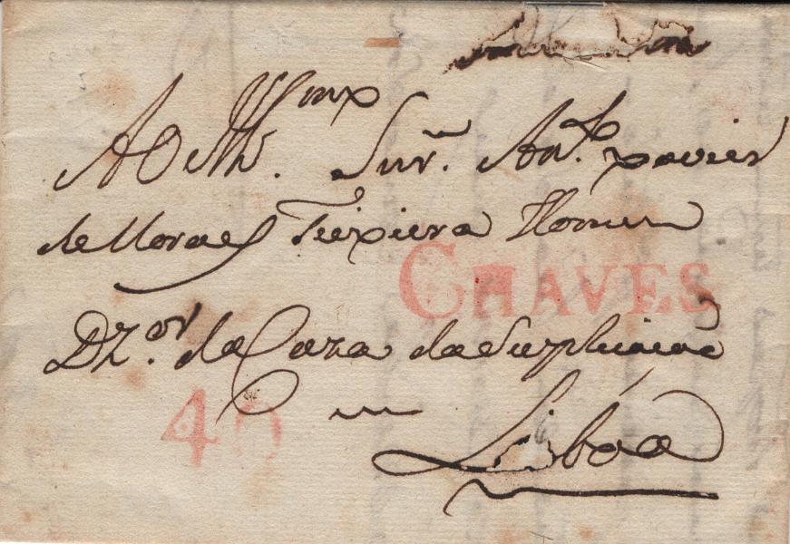 2122.jpg -     Lote:    2122      Lotes pelo Correio             Descrição:         Chaves &mdash; A vermelho, LF CHV2 em carta remetida de Mirandela (05.11.1812) para Lisboa, com o porte de 40 reis batido a vermelho.         Carta       Valor Base:     &euro; 15,00     Valor Venda:     &euro;      