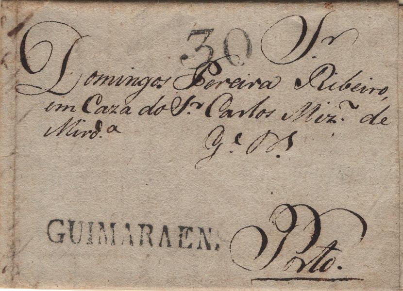 2123.jpg -     Lote:    2123      Lotes pelo Correio             Descrição:         Guimarães &mdash; A preto, LF GMR1 em carta remetida de Guimarães (??.01.1809) para o Porto, com o porte de 30 reis batido a preto.         Carta       Valor Base:     &euro; 22,00     Valor Venda:     &euro;      