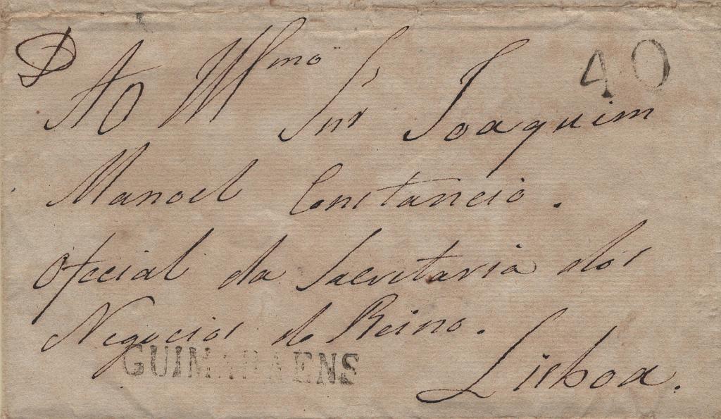 2124.jpg -     Lote:    2124      Lotes pelo Correio             Descrição:         Guimarães &mdash; A preto, LF GMR1 em carta datada de Guimarães (26.06.??) para Lisboa com o porte de 40 reis batido a preto.         Carta       Valor Base:     &euro; 8,00     Valor Venda:     &euro;      