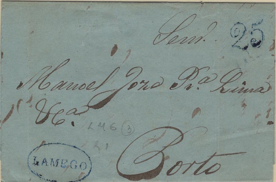 2125.jpg -     Lote:    2125      Lotes pelo Correio             Descrição:         Lamego &mdash; LF LMG4 em carta remetida de Lamego (22.04.49) para o Porto (24.04.49) com o porte de 25 reis batido a azul.         Carta       Valor Base:     &euro; 10,00     Valor Venda:     &euro;      