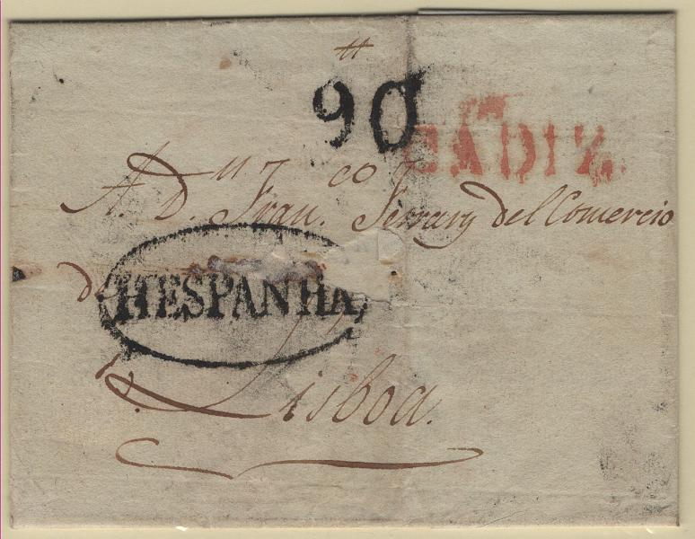 2130.jpg -     Lote:    2130      Lotes pelo Correio             Descrição:         Lisboa / Hespanha &mdash; Indicativos de origem estrangeira. A preto, LF LSB-OE2 em carta datada de Cadiz (11.02.1820) para Lisboa com o porte de 90 reis batido a preto. Valor de catálogo &euro; 150,00.         Carta       Valor Base:     &euro; 10,00     Valor Venda:     &euro;      