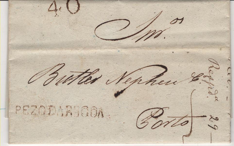 2133.jpg -     Lote:    2133      Lotes pelo Correio             Descrição:         Peso da Régua &mdash; A sépia, LF PRG2 em carta remetida da Régua (16.06.36) para o Porto, com o porte de 40 reis batido a sépia. Valor de catálogo &euro; 140,00.         Carta       Valor Base:     &euro; 40,00     Valor Venda:     &euro;      