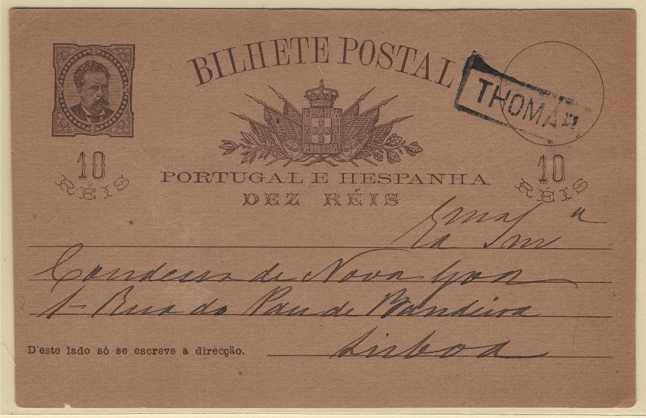 2142.jpg -     Lote:    2142      Lotes pelo Correio      Portugal        Descrição:         1884/87 &mdash; D. Luís I, de frente. OM9, 10 reis castanho sobre cartolina camurça, circulado de Tomar para Lisboa (12.01.86), obliterado com carimbo nominativo batido a preto de "THOMAR".         IC       Valor Base:     &euro; 8,00     Valor Venda:     &euro;      