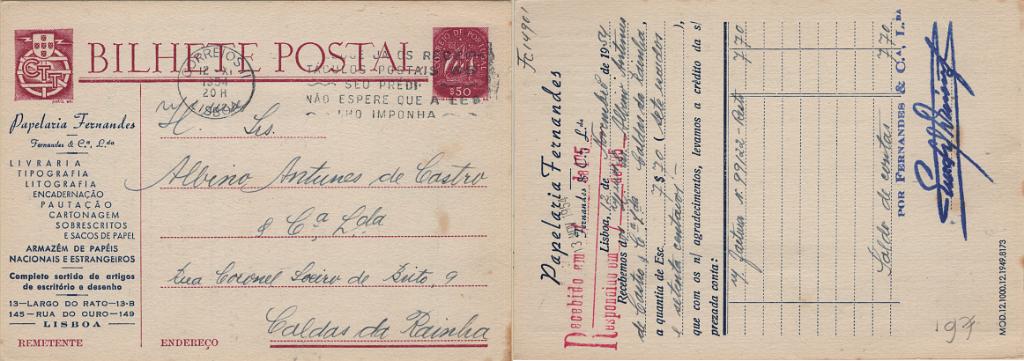 2166.jpg -     Lote:    2166      Lotes pelo Correio      Portugal        Descrição:         1949/50 &mdash; Caravela. OM116, $50 lilás-rosa escuro. Circulado de Lisboa (12.11.54) para Caldas da Rainha. Repicado pela PAPELARIA FERNANDES.         IC       Valor Base:     &euro; 6,00     Valor Venda:     &euro;      