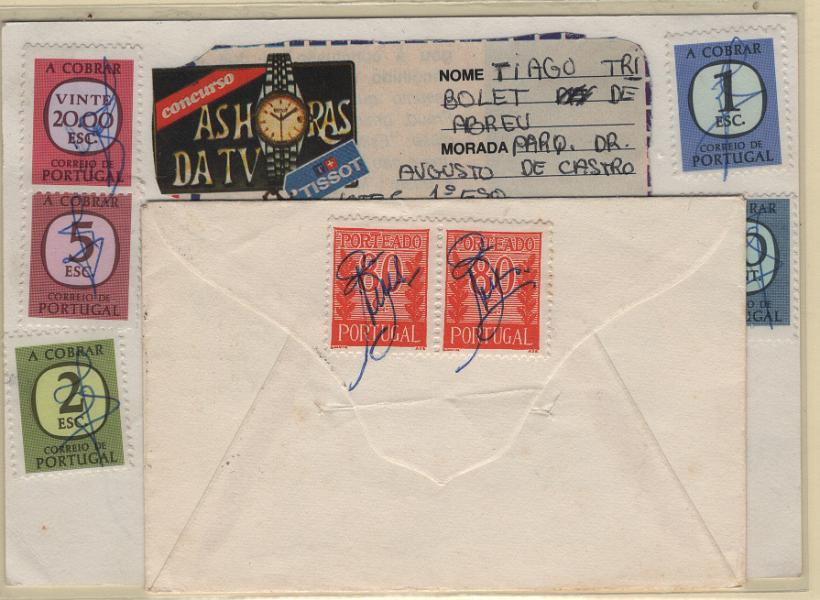 2214.jpg -     Lote:    2214      Lotes pelo Correio             Descrição:         Porteados. Lote com dois sobrescritos: 1940 &mdash; Algarismos ladeados de ramos, Mf POR61, 80c. Par em carta circulado de Ponta Delgada (14.12.62) para Lisboa com insuficiência de porte + "A Cobrar", Mf POR69, 72, 73 (2), 76 e 79 em inteiro postal remetido de Oiras para Lisboa (08.03.83) com insuficiência de porte.         Carta       Valor Base:     &euro; 8,00     Valor Venda:     &euro;      