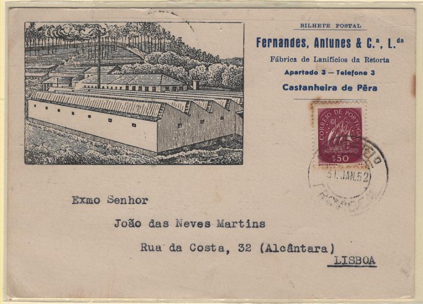 2226.jpg -     Lote:    2226      Lotes pelo Correio             Descrição:         Temáticos. Publicidade. Castanheira de Pera com bonita gravura de instalações fabris.         PI       Valor Base:     &euro; 5,00     Valor Venda:     &euro;      