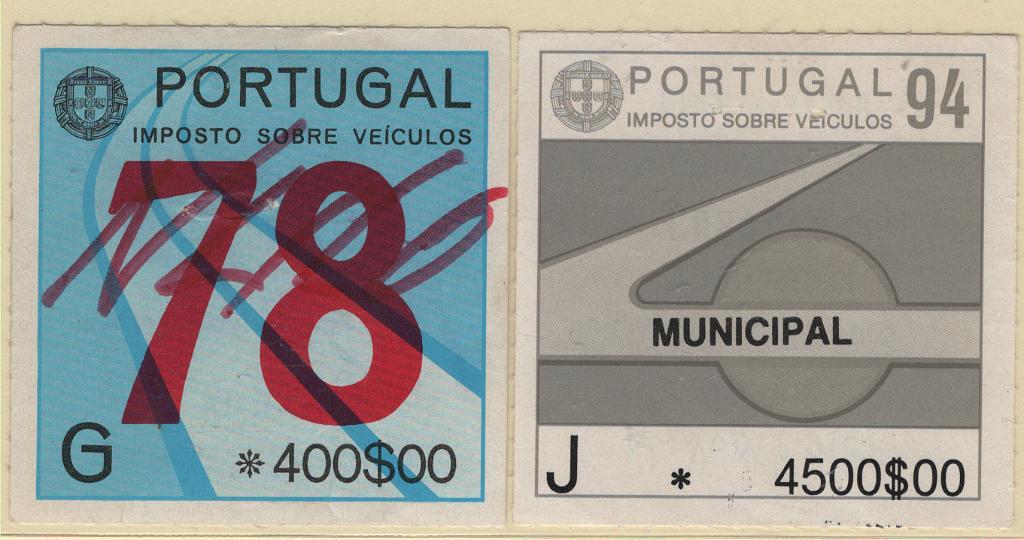 2266.jpg -     Lote:    2266      Lotes pelo Correio      Fiscais       Descrição:         Fiscais. Portugal. 1978/94 &mdash; Imposto sobre veículos. Lote de dois: 1978, 400$00 série G + 1994, 4.500$00, série J.         O       Valor Base:     &euro; 4,00     Valor Venda:     &euro;      