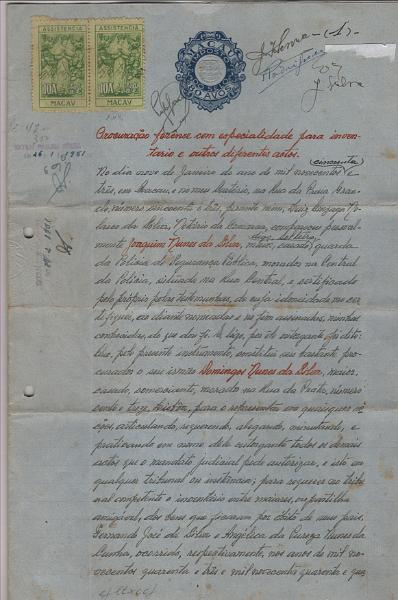 2271.jpg -     Lote:    2271      Lotes pelo Correio      Fiscais       Descrição:         Fiscais. Macau. Procuração de 09.01.1953 em papel com STO azul circular de 80 avos, com estampilha fiscal do Imposto do Selo de 20, 30 avos e 2P, PB292/93 e 301 e selos de Assistência de 10 avos (5), PB6.         DOC       Valor Base:     &euro; 12,00     Valor Venda:     &euro;      