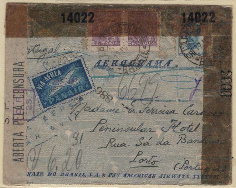 2287.jpg -     Lote:    2287      Lotes pelo Correio             Descrição:         Correio aéreo. Sobrescrito circulado do Rio de Janeiro (17.04.43) para o Porto (04.06.43) com trânsito por Lisboa (03.04.43), censurado no Brasil com cinta e pela censura inglesa nas Bermudas.         Aéreo       Valor Base:     &euro; 10,00     Valor Venda:     &euro;      