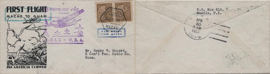 2289.jpg -     Lote:    2289      Lotes pelo Correio             Descrição:         1937 (28.04) &mdash; 1.º Voo Macau / Guam. Sobrescrito circulado de Macau (28.04.37) para Guam (30.04.37) com par de selos de 50 avos tipo Padrões MF284, com carimbo comemorativo do 1.º voo batido a violeta.         Aéreo       Valor Base:     &euro; 15,00     Valor Venda:     &euro;      