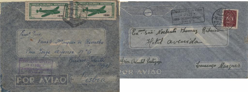 2290.jpg -     Lote:    2290      Lotes pelo Correio             Descrição:         1946/47 &mdash; 1.º Voo da Linha Aérea Imperial / Lisboa &mdash; Lourenço Marques * Voos de ida e regresso. Lote com dois sobrescritos: um circulado de Lisboa (30.12.46) para L. Marques com marca comemorativa batida a preto + sobrescrito circulado de L. Marques (10.01.47) para Lisboa (17.01.47) com marca batida a violeta.         Aéreo       Valor Base:     &euro; 15,00     Valor Venda:     &euro;      