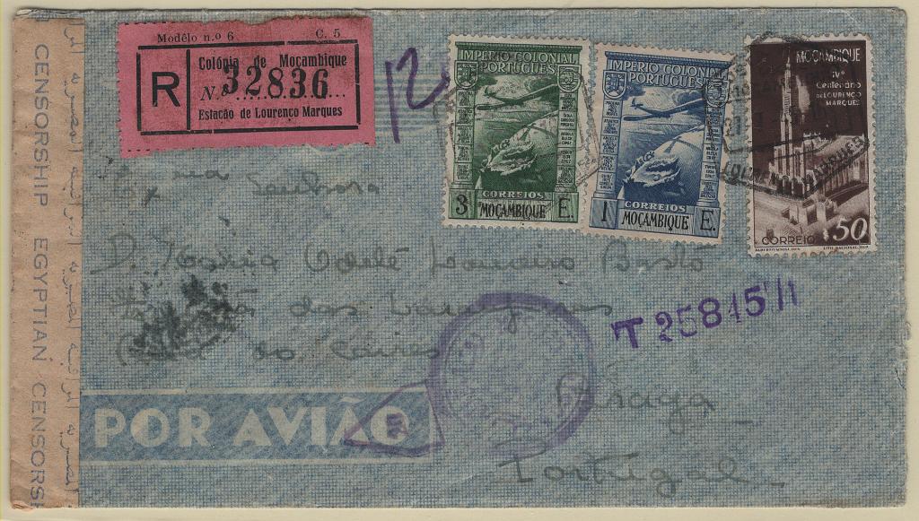 2292.jpg -     Lote:    2292      Lotes pelo Correio             Descrição:         1945 (25.07) &mdash; Lourenço Marques / Portugal via Cairo. Sobrescrito circulado registado por via aérea de Lourenço Marques (27.07.45) para Braga com trânsito por Lisboa (19.08.45) com selos de $50 Mf312, 1E e 3E, Mf CA4 e 6. Censurado no Egipto.         Aéreo       Valor Base:     &euro; 12,00     Valor Venda:     &euro;      