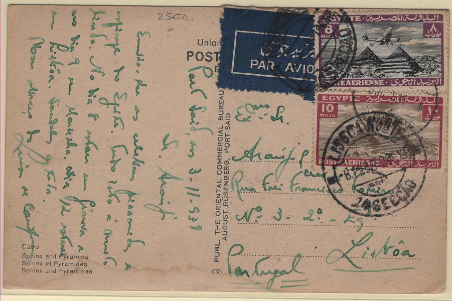 2293.jpg -     Lote:    2293      Lotes pelo Correio             Descrição:         1938 (03.11) &mdash; Port Said / Lisboa. Postal ilustrado circulado de Port Said (03.11.38) para Lisboa (08.11.38) com selos de 8m e 10m.         Aéreo       Valor Base:     &euro; 10,00     Valor Venda:     &euro;      