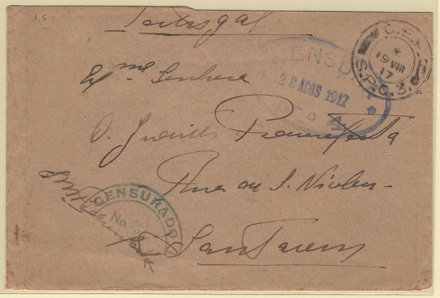 2297.jpg -     Lote:    2297      Lotes pelo Correio             Descrição:         1914/19 &mdash; 1.ª Guerra Mundial. Sobrescrito circulado isento de franquia do SPC 3 (19.08.17) para Lisboa (28.08.17), censurado à chegada.         Carta       Valor Base:     &euro; 8,00     Valor Venda:     &euro;      