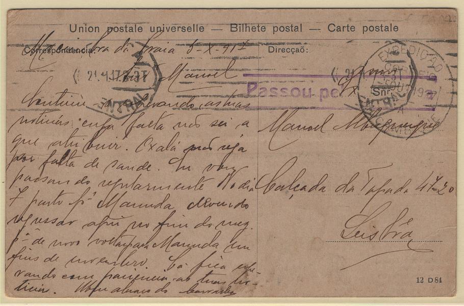 2298.jpg -     Lote:    2298      Lotes pelo Correio             Descrição:         1914/18 &mdash; 1.ª Guerra Mundial. Expedição Militar a Moçambique. Postal ilustrado circulado isento de franquia de Mocimboa da Praia (05.0.17) para Lisboa (21.11.17) com carimbo batido a preto "EXPEDIÇÃO / A / MOÇAMBIQUE / CORREIO" e carimbo linear de censura do Niassa do tipo 2 "PASSOU PELA CENSURA", batido a violeta.         PI       Valor Base:     &euro; 15,00     Valor Venda:     &euro;      