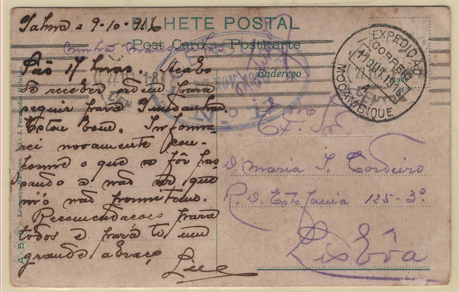 2300.jpg -     Lote:    2300      Lotes pelo Correio             Descrição:         1914/19 &mdash; 1.ª Guerra Mundial. Expedição a Moçambique. Postal ilustrado circulado isento de franquia de Moçambique (11.10.16) para Lisboa (27.11.16). Carimbo datado da expedição batido a preto "EXPEDIÇÃO A MOÇAMBIQUE / CORREIO". Censurado em Lisboa.         PI       Valor Base:     &euro; 10,00     Valor Venda:     &euro;      