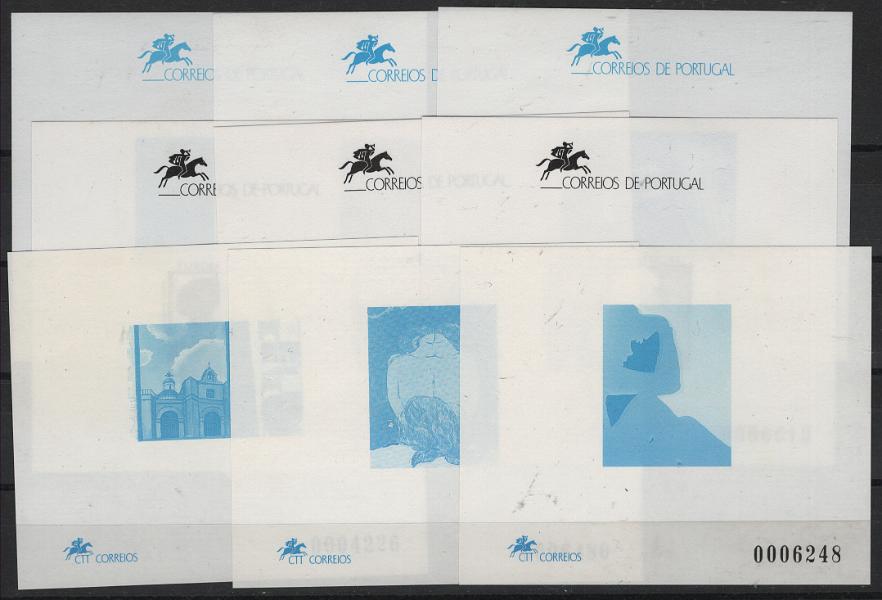 2306.jpg -     Lote:    2306      Lotes pelo Correio      Portugal        Descrição:         1991/93 &mdash; Europa * Portugal * Açores * Madeira. MF1996/1998/2000 + 208&frac12;088/2089 + 2127/2130/2132. Lote com 9 provas de cor em azul, 3 por cada ano, incluídas nas carteiras anuais.         PRV       Valor Base:     &euro; 20,00     Valor Venda:     &euro;      