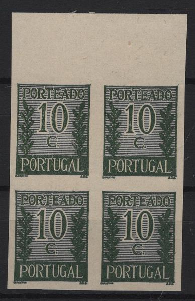 2307.jpg -     Lote:    2307      Lotes pelo Correio      Portugal        Descrição:         1940 &mdash; Porteado. Algarismo ladeado de ramos. Mf POR55, 10c. Quadra de provas de cor em verde escuro (cor não aprovada), bordo de folha, não denteada, papel liso.         PRV       Valor Base:     &euro; 18,00     Valor Venda:     &euro;      