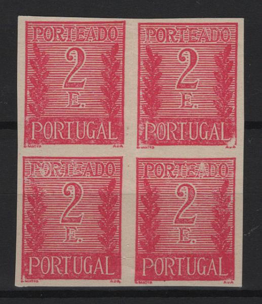 2309.jpg -     Lote:    2309      Lotes pelo Correio      Portugal        Descrição:         1940 &mdash; Porteado * Algarismo ladeado de ramos. Mf POR63. Quadra de provas de cor em rosa carmim, cor não aprovada para esta taxa, não denteada, em papel liso.         PRV       Valor Base:     &euro; 8,00     Valor Venda:     &euro;      