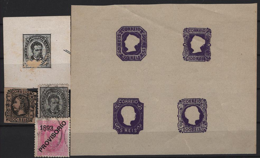 2312.jpg -     Lote:    2312      Lotes pelo Correio      Portugal        Descrição:         Portugal. Lote composto por bloco com 4 provas medindo 125x100 mm em violeta com gravuras de D. Maria II (50 e 100 reis) e D. Pedro V (5 e 100 reis) + quatro selos falsos de D. Luís I, incluindo selo de 500 reis.          Lote       Valor Base:     &euro; 5,00     Valor Venda:     &euro;      