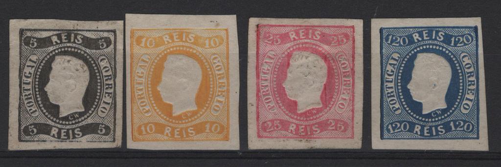2990.jpg -     Lote:    2990      Lotes pelo Correio      Portugal       Descrição:         Reimpressões de 1885 * 1866/67 &mdash; D. Luís I, fita curva, não denteados. Lote com 4 reimpressões de 5, 10, 25 e 120 reis, Mf19, 20, 22 e 25. Valor de catálogo &euro; 260,00.         R*       Valor Base:     &euro; 25,00     Valor Venda:     &euro;      