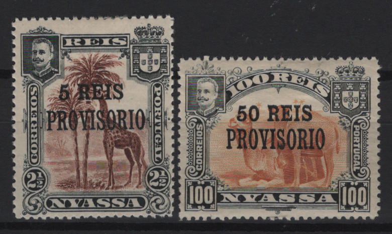 2993.jpg -     Lote:    2993      Lotes pelo Correio      Companhia do Niassa       Descrição:         Reimpressões de 1922 * 1910 &mdash; D. Carlos I. Selos de 1901 com a sobrecarga PROVISÓRIO e sobretaxa. Mf 50/51. Série completa com goma original e charneira.         **       Valor Base:     &euro; 8,00     Valor Venda:     &euro;      