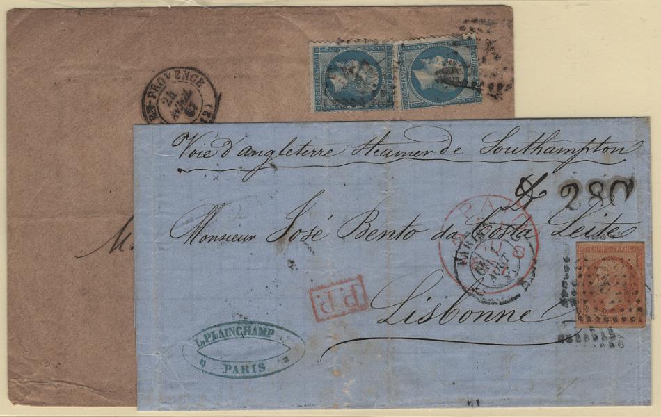 3008.jpg -     Lote:    3008      Lotes pelo Correio             Descrição:         França &mdash; Lote com duas cartas: 1853 &mdash; Napoleão, não denteados. Sobrescrito circulado de Paris (07.08.57) para Lisboa (14.08.57) via Inglaterra (08.08.57), com selo de 80c e porte português de 280 reis batido a preto + 1862 &mdash; Napoleão. Sobrescrito circulado de Aix La-Provence (24.04.67) para Arlés (25.04.67), com dois selos de 20c.         Lote       Valor Base:     &euro; 15,00     Valor Venda:     &euro;      