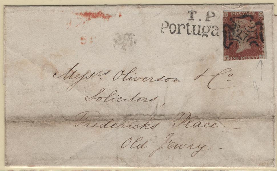 3009.jpg -     Lote:    3009      Lotes pelo Correio             Descrição:         Inglaterra &mdash; Sobrescrito circulado em Londres (01.07.1848) com selo de 1p castanho, obliterado com cruz de malta e nominativo "T.P / PORTUGAL".         Carta       Valor Base:     &euro; 15,00     Valor Venda:     &euro;      