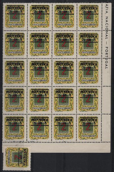 3012.jpg -     Lote:    3012      Lotes pelo Correio             Descrição:         Moçambique * Palop's. 1975 &mdash; Porteado. Arco Íris, com sobrecarga Independência. Bloco com 25 selos de 2$00, com sobrecarga grossa ou com forte acumulação de tinta, AR POR4. Acompanha selo normal para comparação. Valor de catálogo &euro; 875,00.         ***       Valor Base:     &euro; 30,00     Valor Venda:     &euro;      