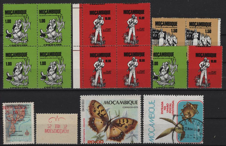 3016.jpg -     Lote:    3016      Lotes pelo Correio             Descrição:         Moçambique * Palop's &mdash; 1975/79 &mdash; Independência 25 JUN 75 + Dia da Mulher + Dia do Selo * Borboletas + Entrada na UPU. Lote composto por selo de 20$00 com a sobrecarga deslocada, AR18 + selo de 3$50 com impressão no verso da sobrecarga por decalque, AR10 + por quadra de 1$00 e 10$00, par de 1$50 e selos isolados de 1$00 e 10$00, todos com o denteado deslocado, AR28/31 + selo de 20$00 (usado), AR102 e 20$00 AR163, ambos com o denteado deslocado.         ***/O       Valor Base:     &euro; 15,00     Valor Venda:     &euro;      