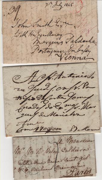 3043.jpg -     Lote:    3043      Lotes pelo Correio             Descrição:         Portugal &mdash; Lote com 3 cartas do período pré-adesivo, incluindo uma para a Embaixada de Portugal em Viena na Áustria.         Carta       Valor Base:     &euro; 20,00     Valor Venda:     &euro;      