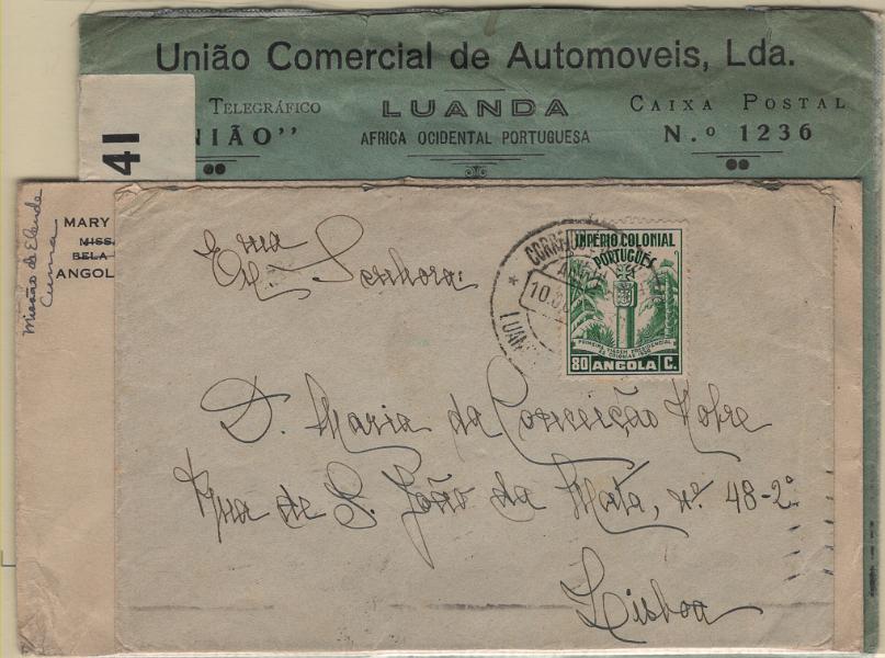 3091.jpg -     Lote:    3091      Lotes pelo Correio             Descrição:         Angola * 1938 &mdash; Império Colonial Português e Primeira Viagem Presidencial às Colónias. Lote com 4 sobrescritos circulados com selos de diversas taxas. Lote a ver.         Lote       Valor Base:     &euro; 8,00     Valor Venda:     &euro;      